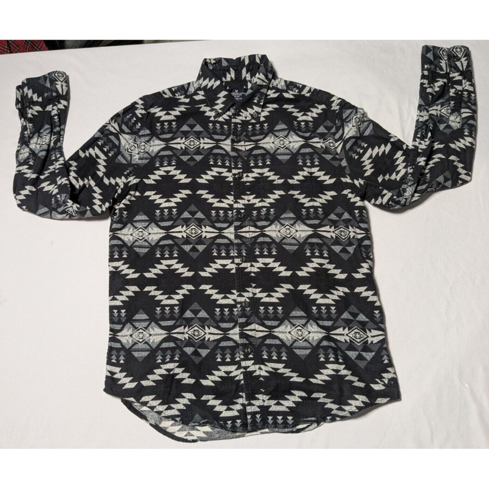 AMERICAN EAGLE CLASSIC FIT Men Medium Black Aztec Southwestern Flannel Shirt - Picture 7 of 16